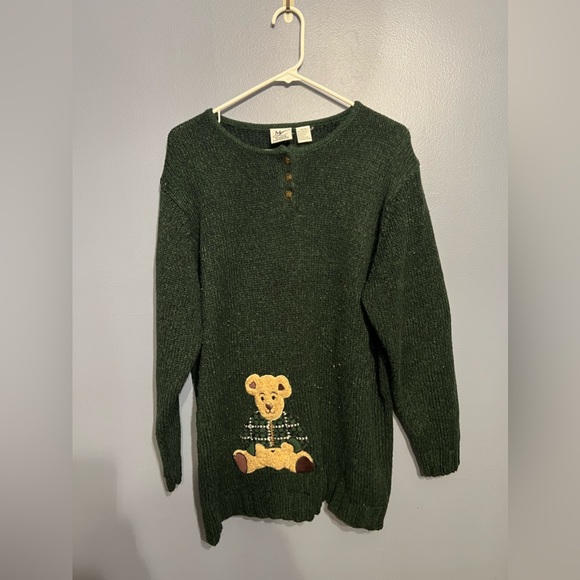 Vintage MAGGIE LAWRENCE Sweater Teddy Bear Size 14/16 Dark Green W Shoulder Pads - Picture 1 of 6